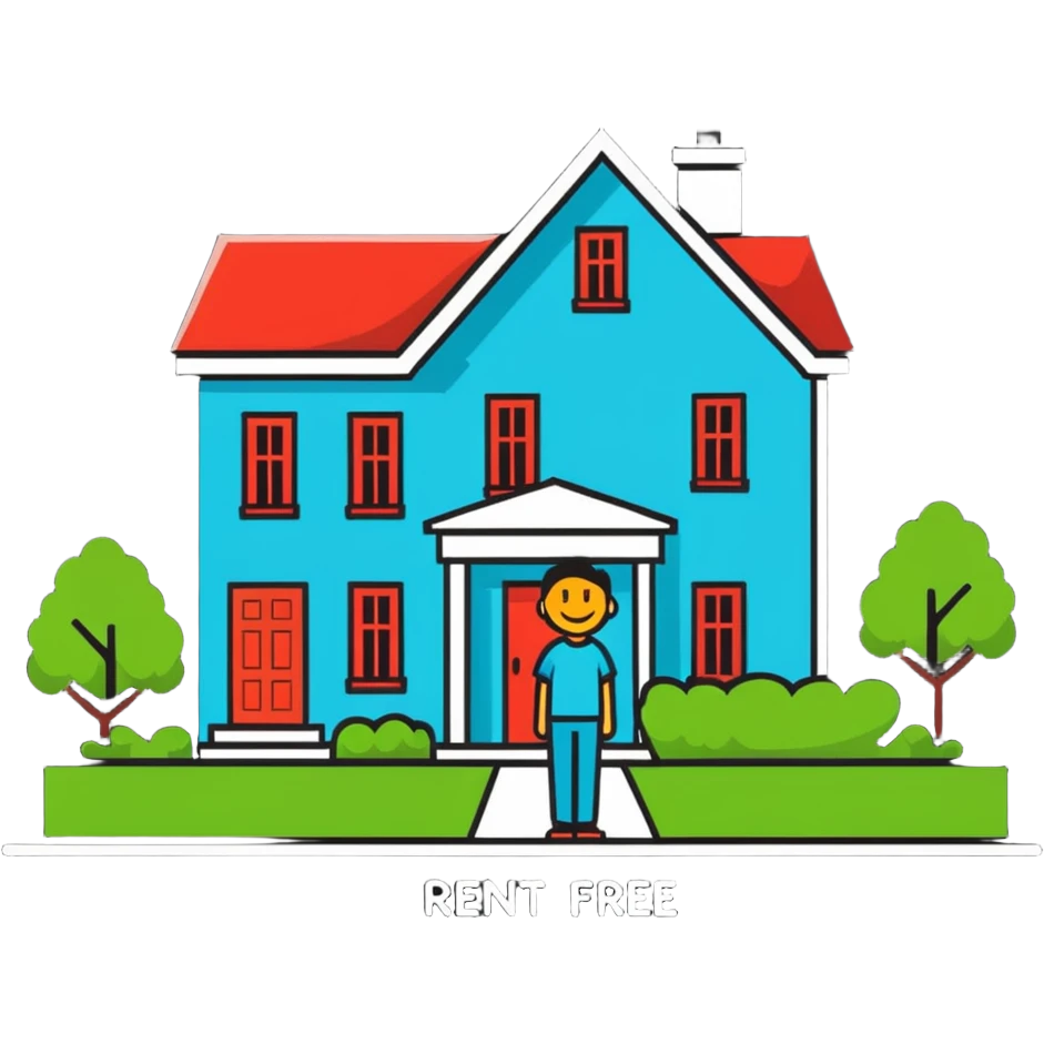 happy person in front of a house labeled 'rent free' emoji