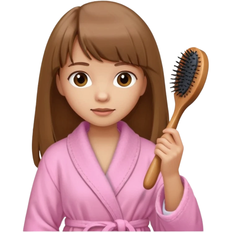 a girl with light skin and medium brown long hair with bangs who is brushing her hair with a hairbrush and she is wearing a light pink bathrobe emoji