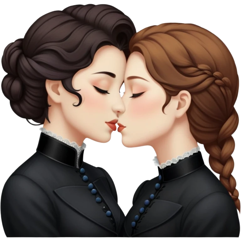 eyes closed lesbian kiss between modest Victorian women with different hair colors wearing dark outfits emoji