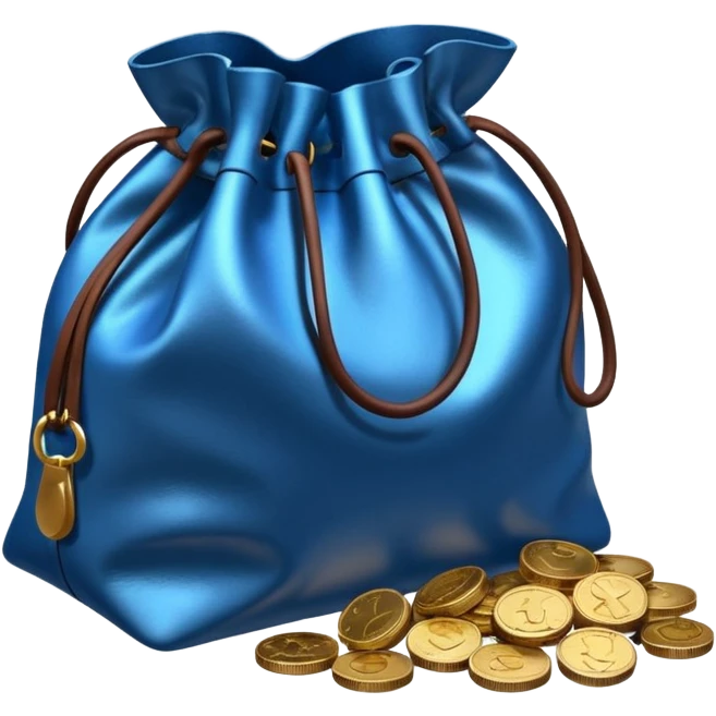 blue coins inside a brown leather bag  emoji