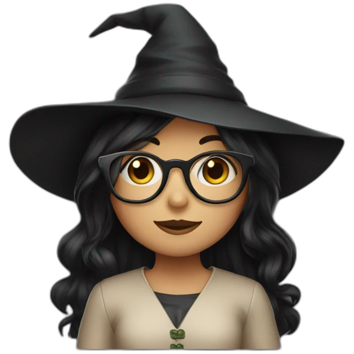 girl with black long hair, glasses and witch hat emoji