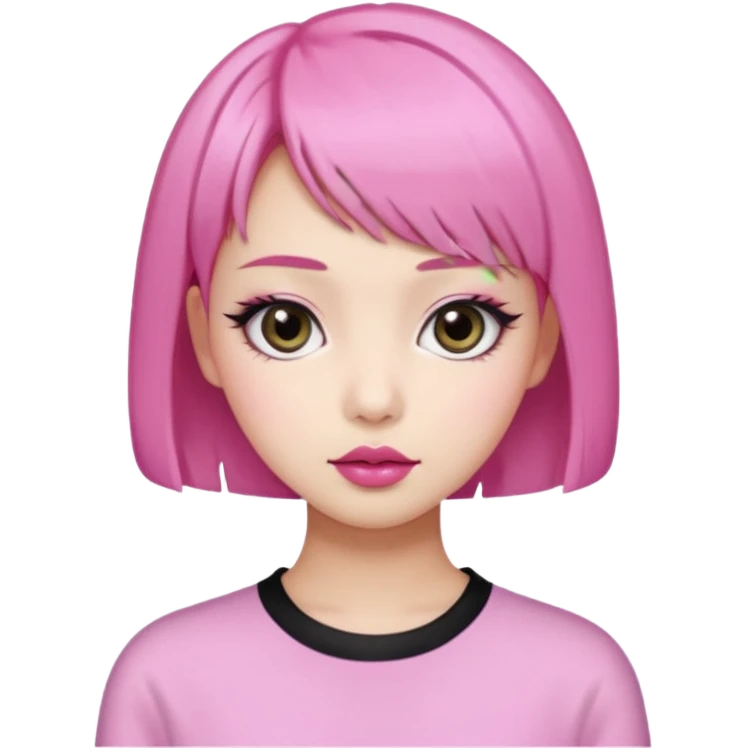 An Asian girl with Fashion pink short hair, big eyes, thick eyebrows, and long eyelashes;  emoji