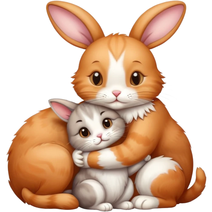 Cat and Rabbit hugging each other. Make sure the cat is a little bit smaller than the rabbit emoji