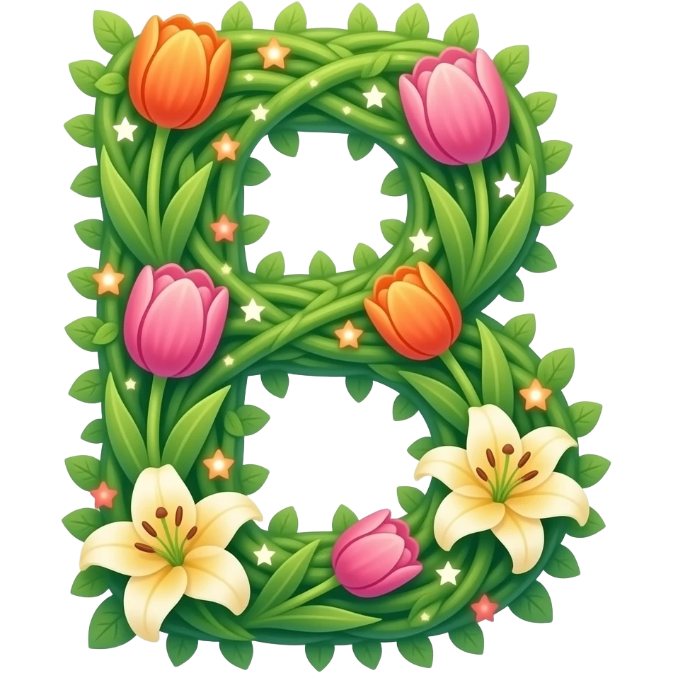 A letter 'B' formed from lush green vines shaped into small hearts. Vibrant tulips and lilies bloom from the letter, each flower center glowing like a tiny star. Dreamy atmosphere, hyper-realistic, soft pastel colors emoji
