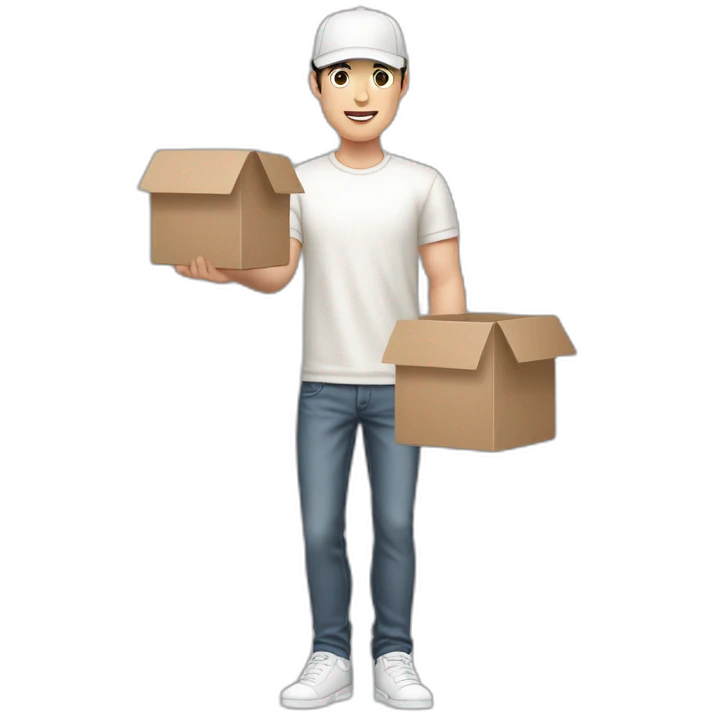 Pale skinned fit Man with dark brown hair in a white cap, gray jeans and beige polo T-shirt keeping a pasted box into his hands emoji