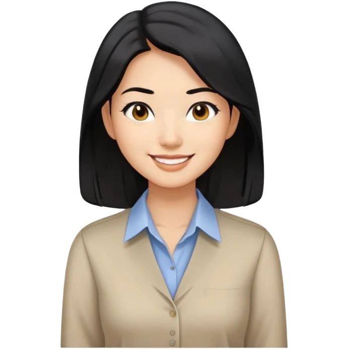 Asian woman with shoulder length black hair smiling business casual shirt emoji