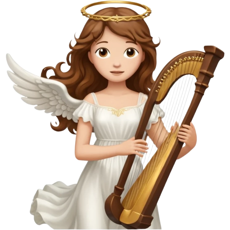 Female angel holding harp with flowing brown hair emoji