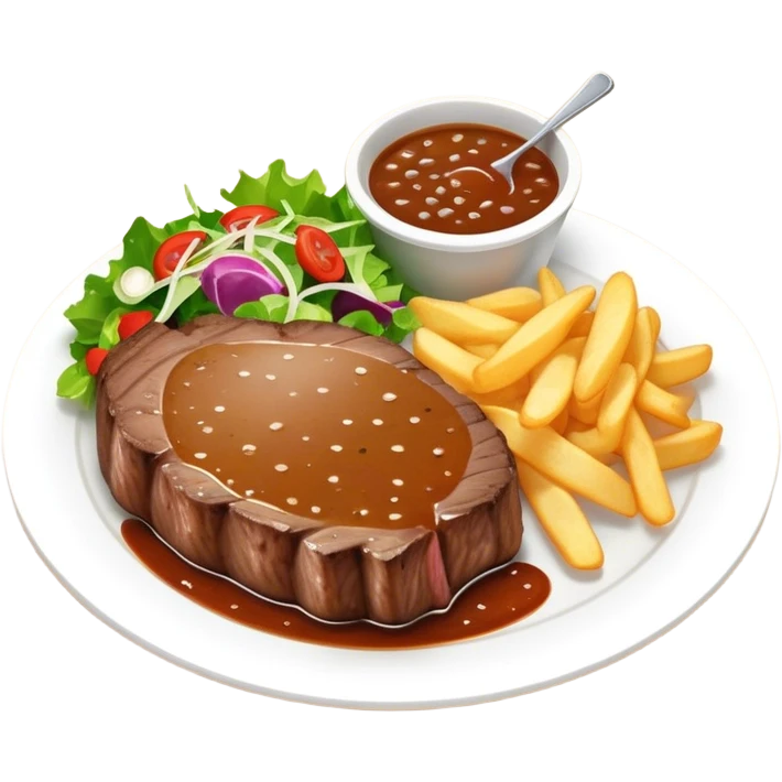 big juicy australian steak meal featuring chips, small salad in a ramiken and gravy  emoji