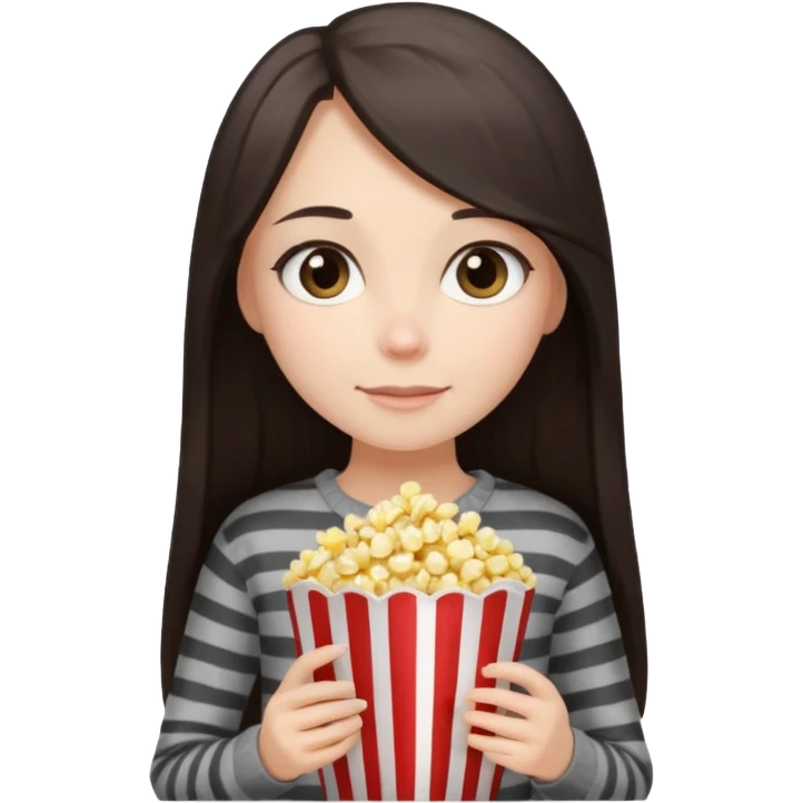 girl with dark brown straight long hair, striped light sweater, gray beautiful eyes, holding popcorn in her hands emoji