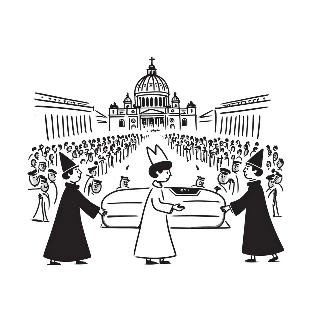 A respectful drawing of a papal funeral procession at Vatican City with cardinals, the papal coffin, and St. Peter's Square filled with mourners emoji