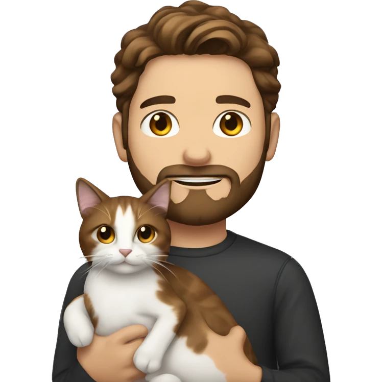 A white man with dark brown hair and beard holding calico cat emoji
