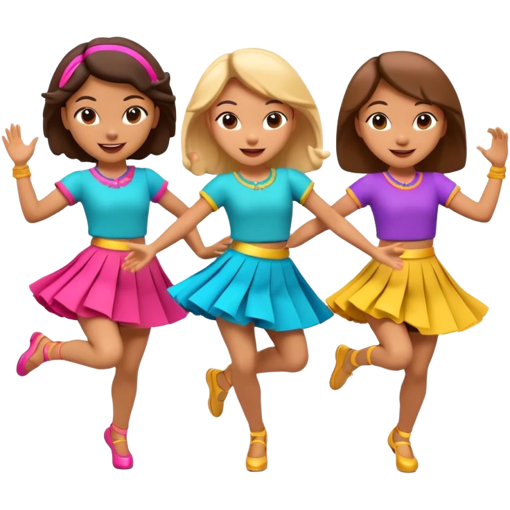 Three 3D cartoon dancers in colorful skirts kicking in rhythm, cheerful pose, bright studio background, Memoji-style. emoji