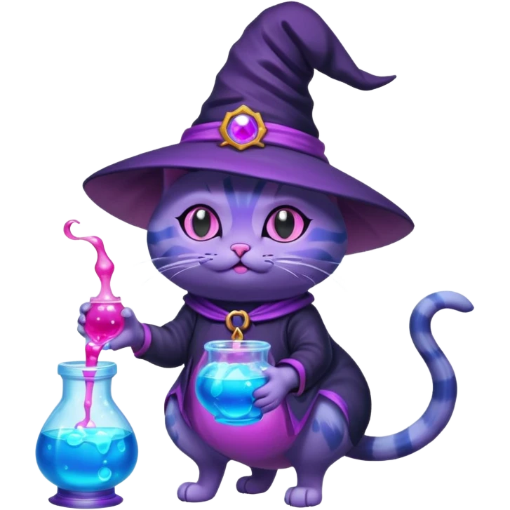 Purple witch cat full body with pink potion neon  and blue potion bubbling neon emoji