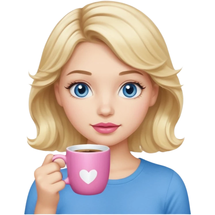 Girl Blonde short wavy hair,  blue eyes, cute blue top, long lashes, pink lips, holding white hot coffee mug emoji