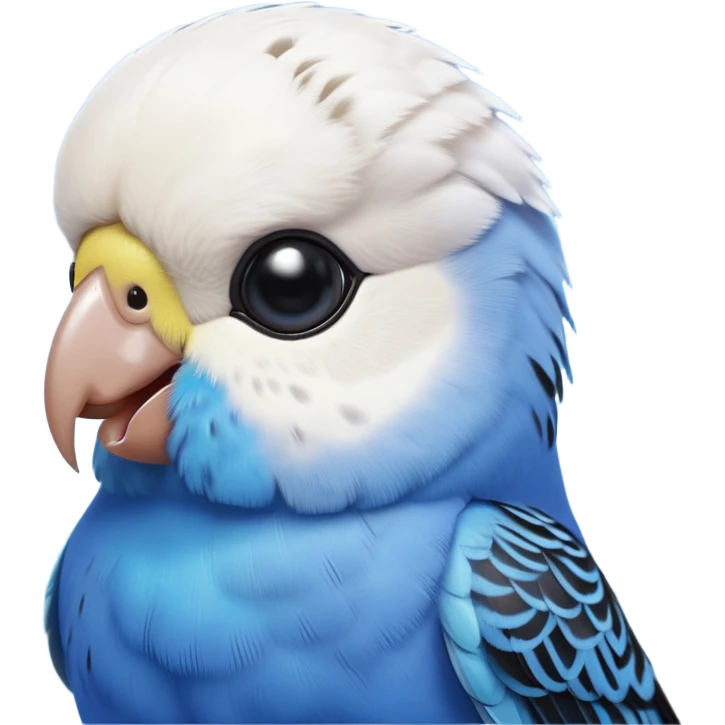 cinematic-cute-blue-budgie-portrait-emoji,-head-tilted-playfully-and-inquisitively,-featuring-a-brilliant-blue-feathered-fur-and white and black feathered face-with-a-natural-sheen,-round,-sparkling-dark-eyes-filled-with-curiosity,-simplified-yet-irresistibly-adorable emoji