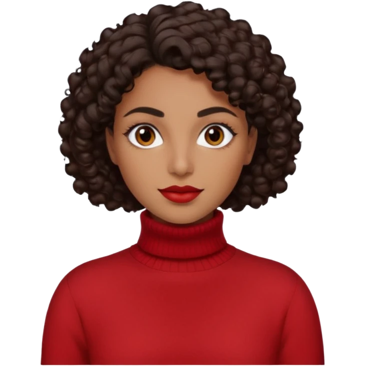 30 yr iranian woman dark brown hair curly wavy short hair, red turtle neck sweater, very thick eyebrows emoji