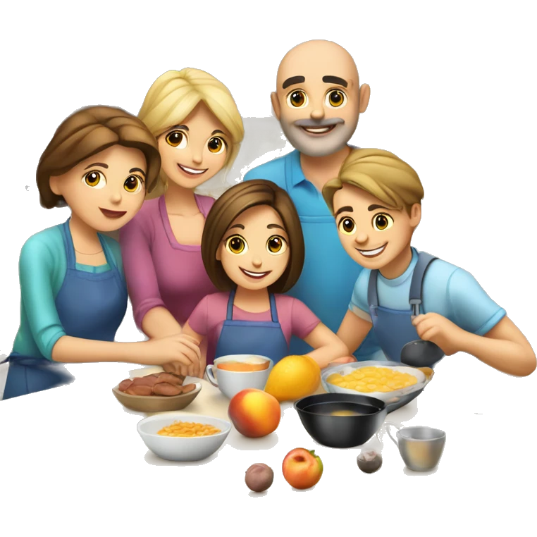 6 caucasian family members preparing breakfast at kitchen  emoji