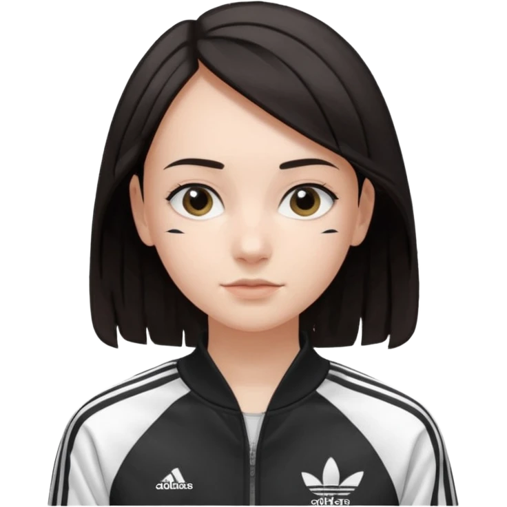 A girl with  medium length, dark hair, fair skin. The style is a layered cut that falls around her shoulders. wore black Adidas track jacket with white stripes on the sleeves. It has a full zipper down the front, a stand-up collar, and the Adidas logo on the right chest emoji emoji