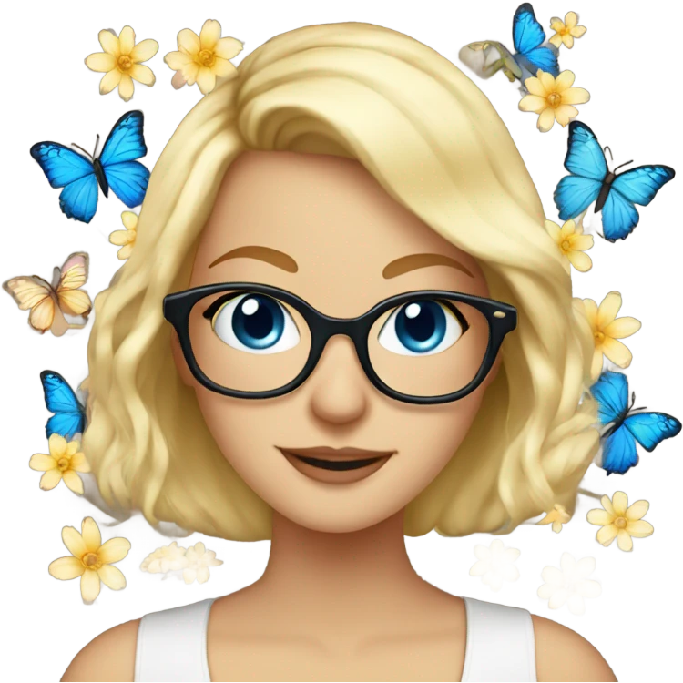 Gorgeous blond lady blue eyes wearing glasses with flowers and butterflies emoji