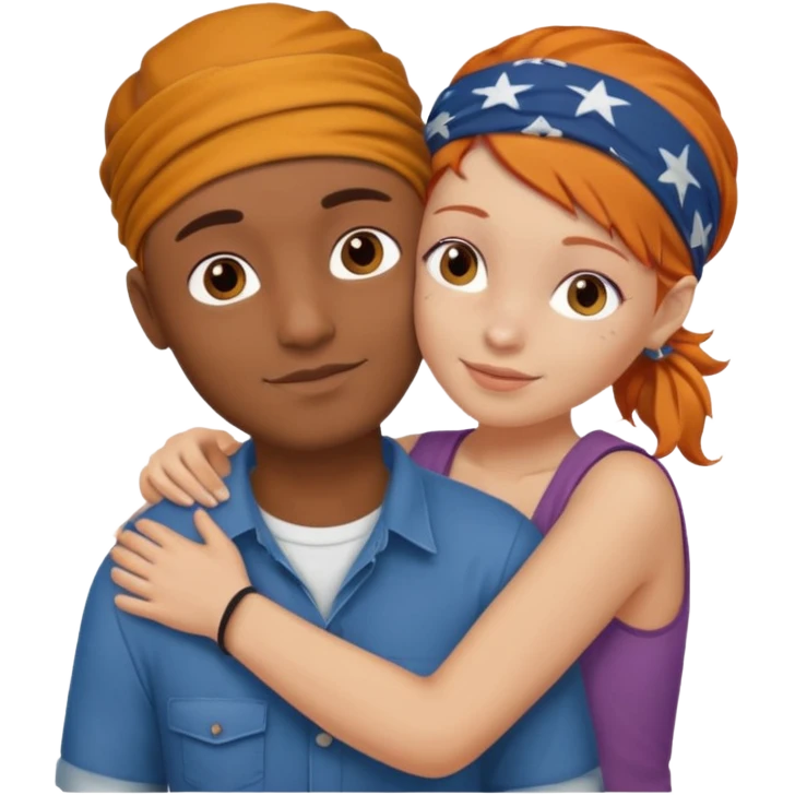 Two people naked hugging, brown man with bandana no hair, white girl ginger hair emoji