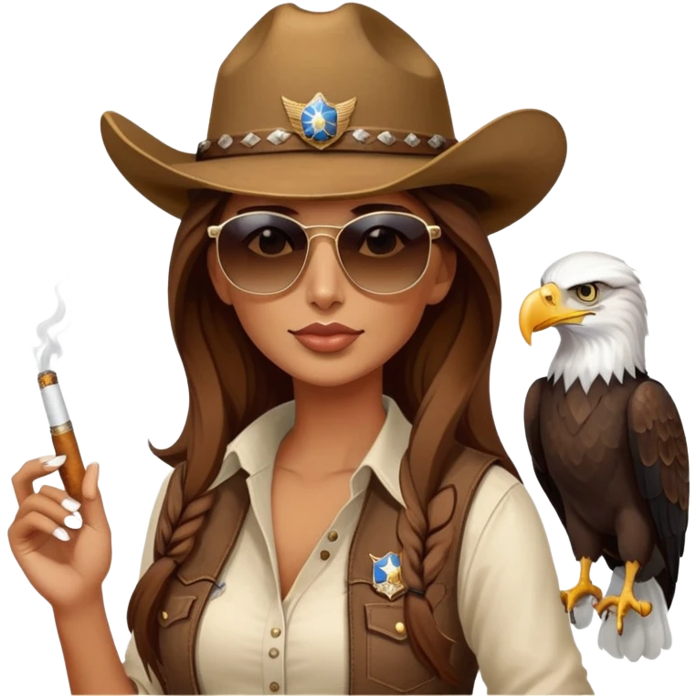 Country woman in cowboy hat with long brown hair with sunglasses with bald eagle on her shoulder and a cigarette in her mouth  emoji