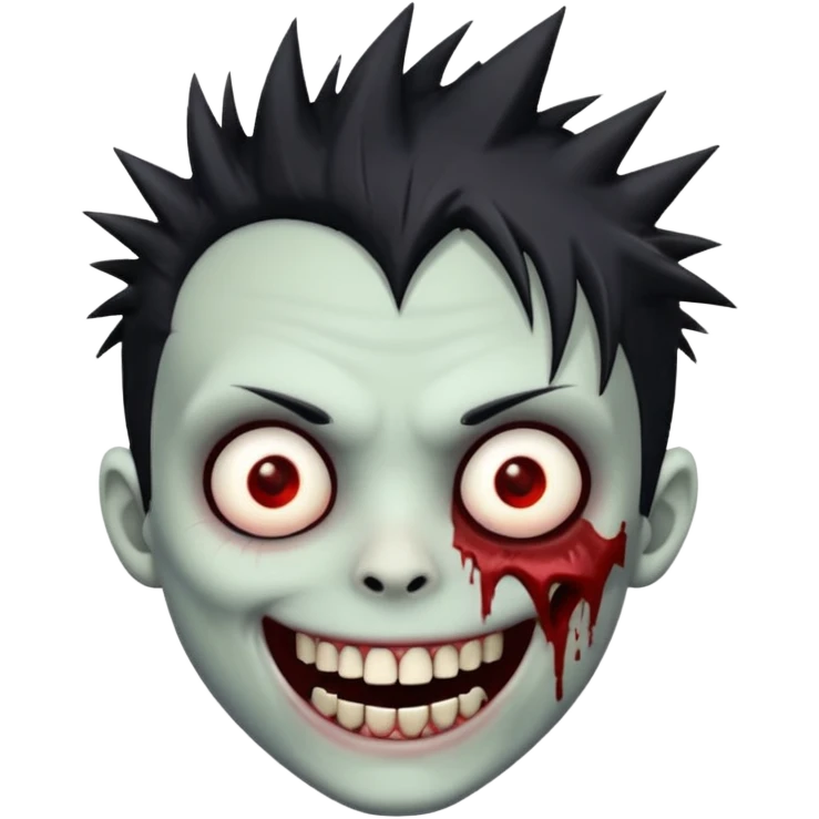 zombie boy with emo spiky hair, white skin, and white eyes; an open smile, and bloodied teeth; emoji