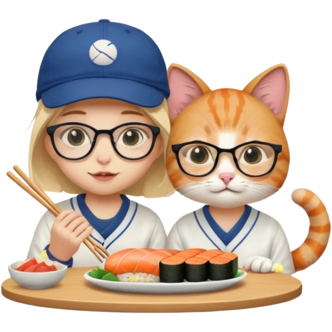 cute girl cat wearing glasses and a cute boy cat wearing a baseball cap eating sushi together emoji