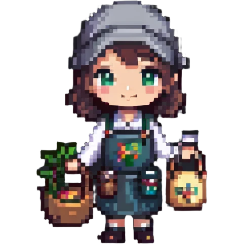 chibi shopkeeper character with items emoji