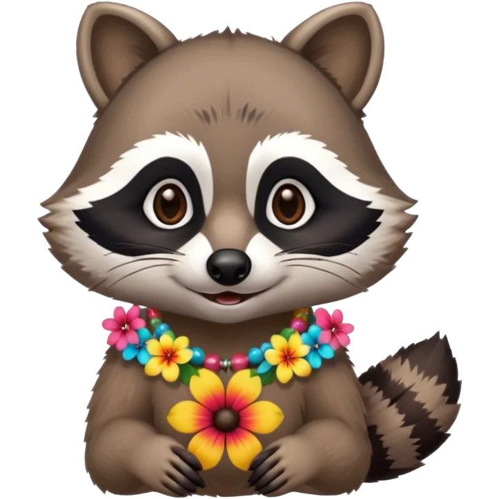 A playful raccoon wearing a hawaiian flower necklace, looking festive. emoji