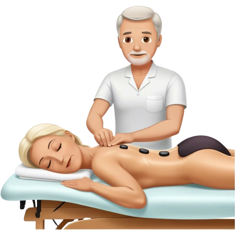 60-year-old white man massaging 60-year-old woman on massage table using oil emoji