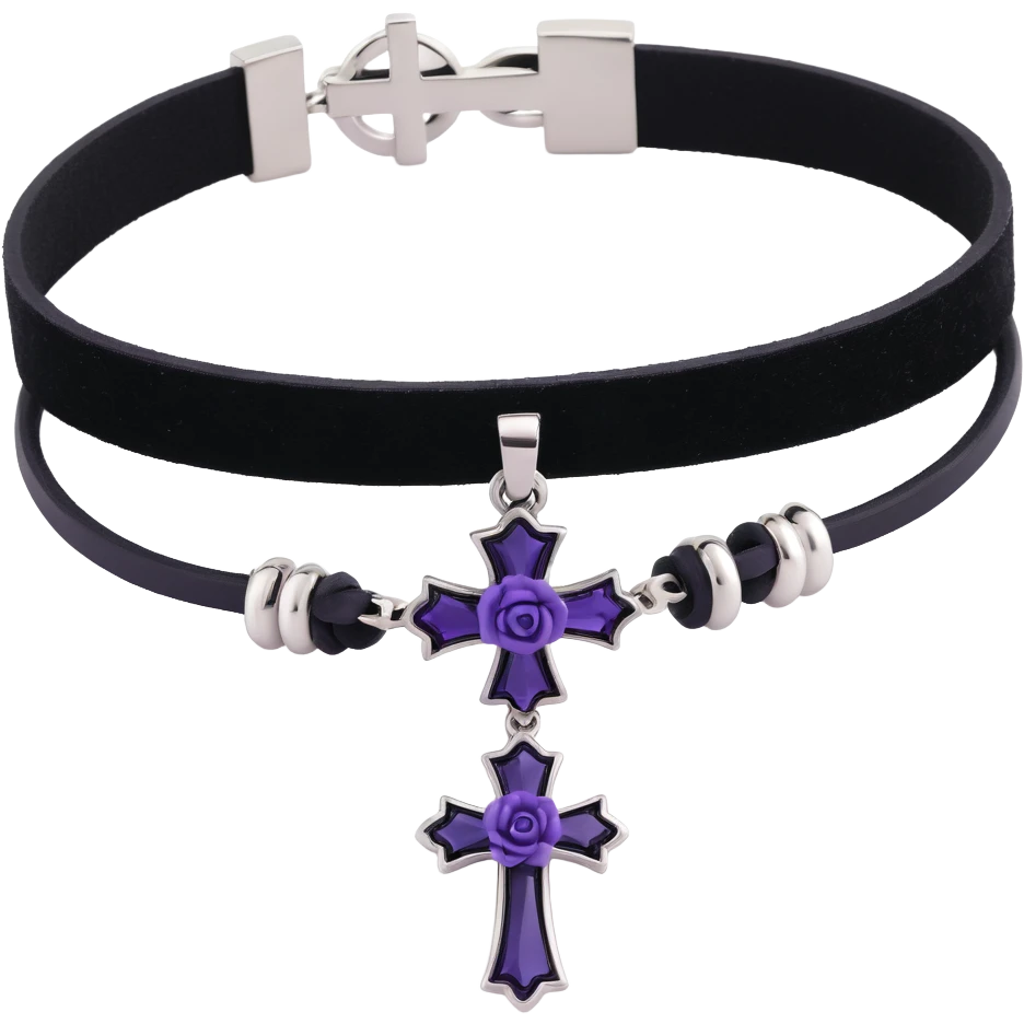 gothic bracelet with black velvet band, silver cross charm, purple rose accent, ornate and dark, matching the choker and earrings emoji
