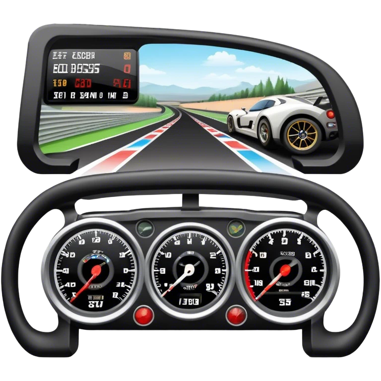 An icon showing a racing game interface, inspired by Grand Turismo. The design features a garage with a selection of high-performance cars, along with race track visuals in the background. Speedometer, lap timer, and other HUD elements add to the excitement. Transparent background emoji