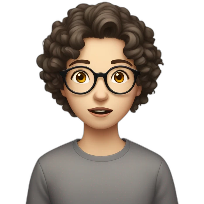 Shocked and Pale skinned teenager with short curly dark brown hair and circle glasses emoji