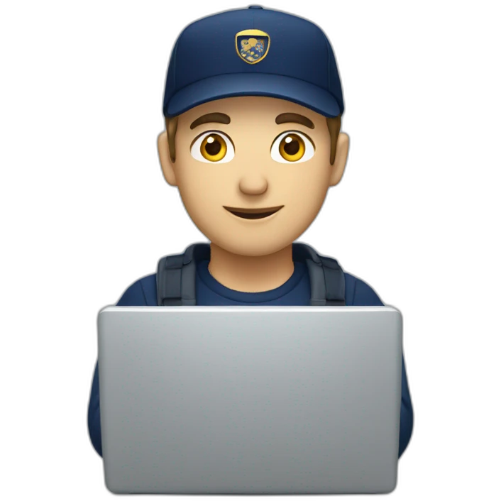 european guy wearing navy cap using laptop emoji
