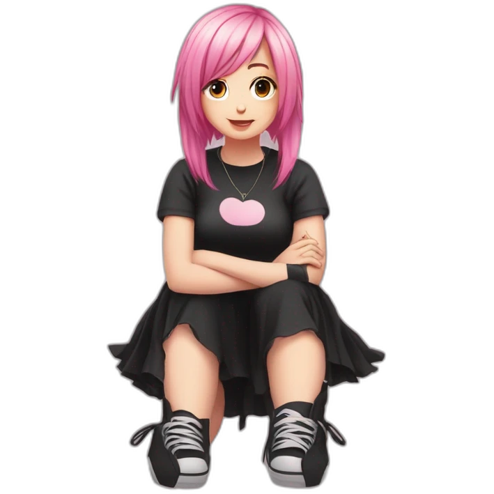 Full body Front view curvy emo girl pink hair sits on the floor straight view hands up black skirt белые трусики emoji