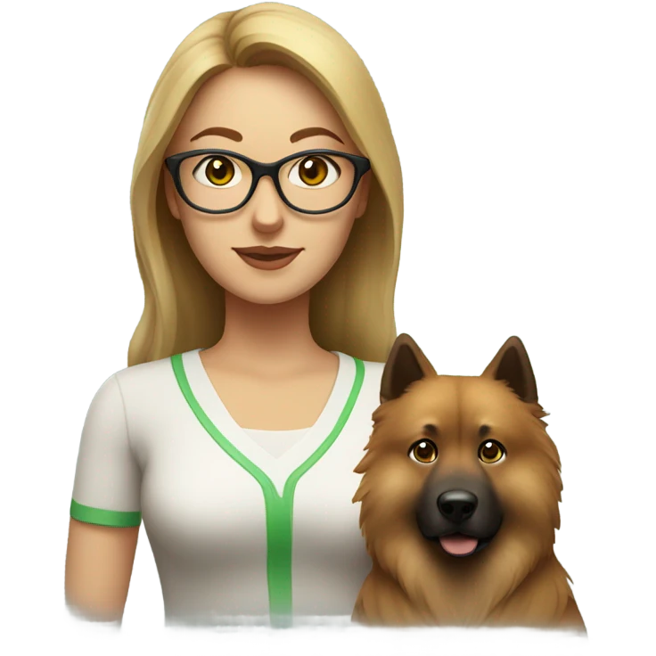 Brown light hair woman aux Green eyes with glasses Green eyes and White eurasier dog  emoji