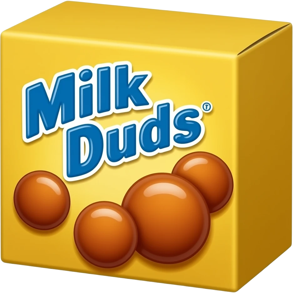 Rectangular yellow cardboard box with round Carmel candies depicted and says Milk Duds on the front emoji