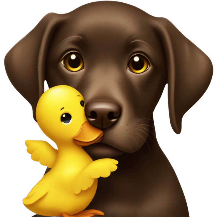Chocolate lab puppy with big yellow duck plush toy in mouth emoji