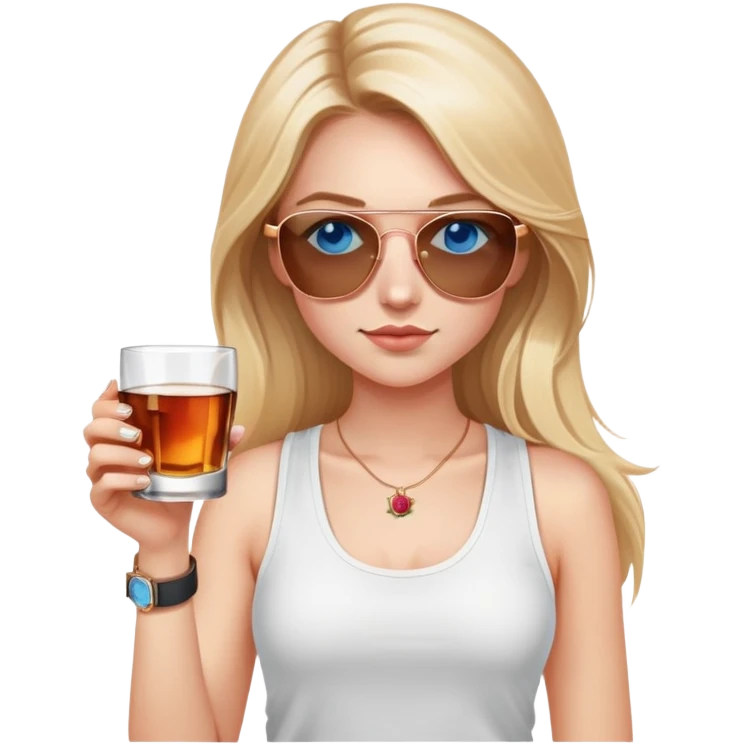 girl with long blond hair
with blue eyes
and aviator sunglasses
wearing white tank top 
holding a glass of whiskey, wearing rose gold apple watch  emoji