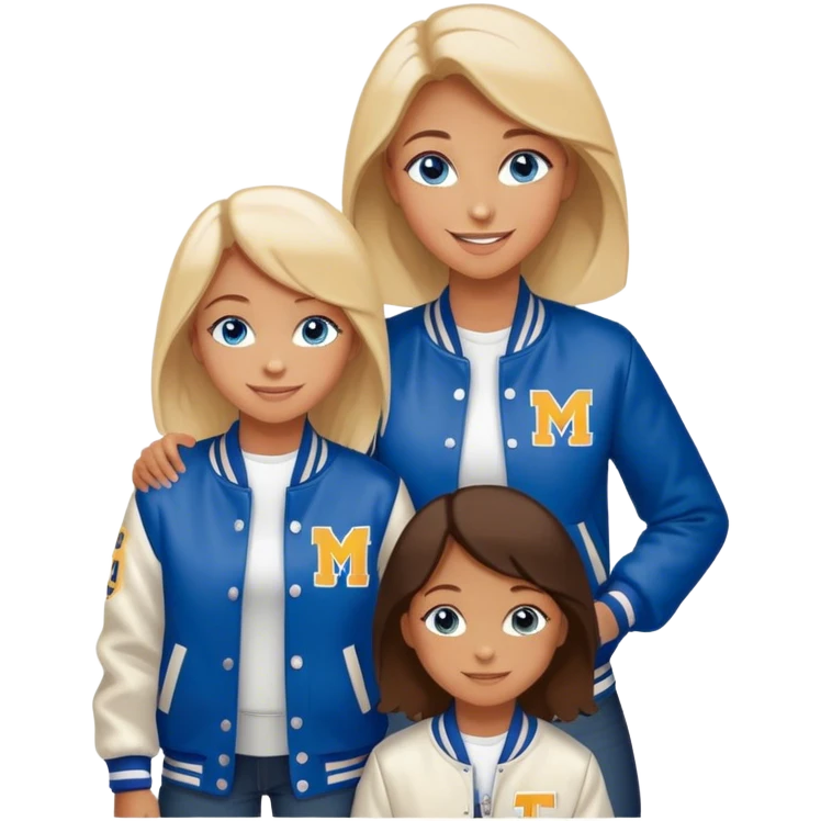 smiling mother in letterman jacket Blue eyes, Name is Tini, two Little girls emoji