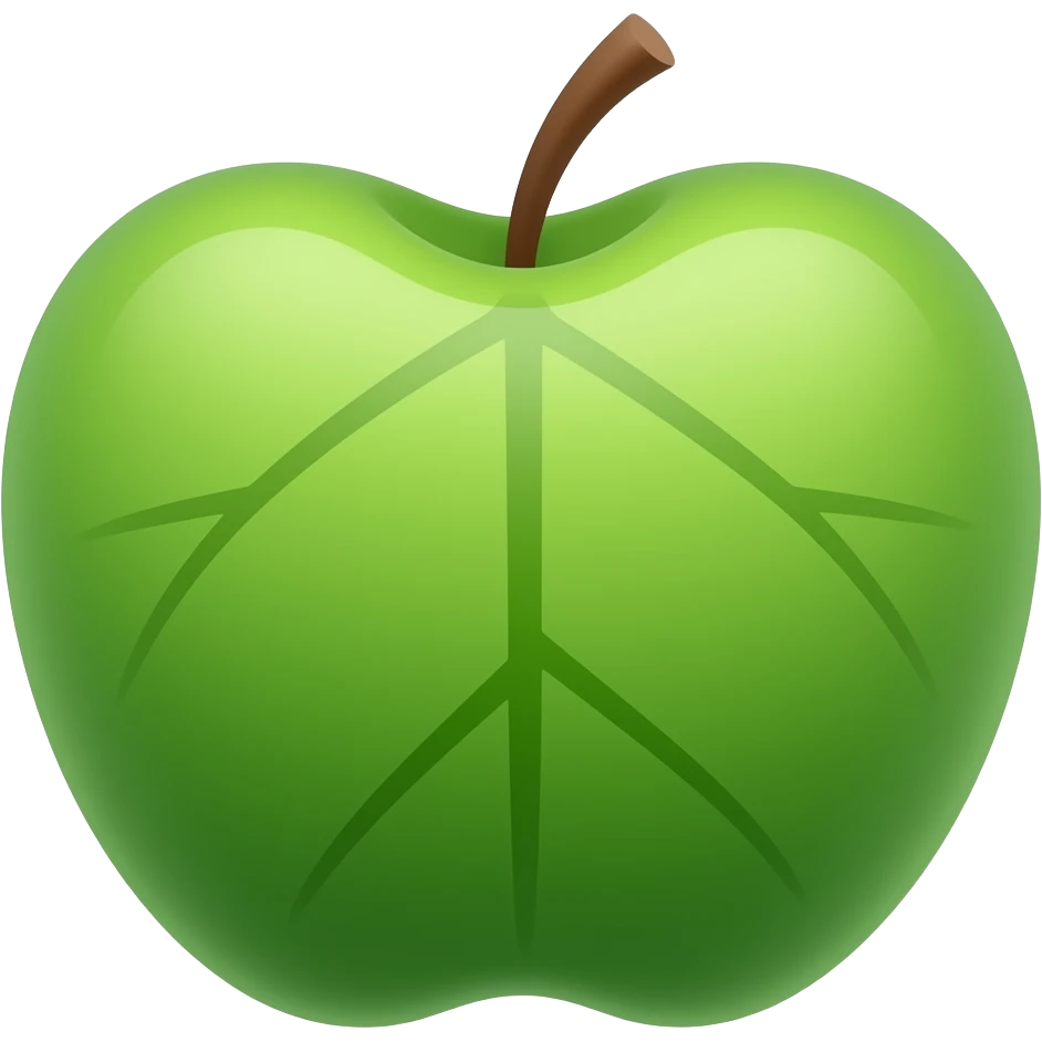 "Single kava leaf emoji, transparent background, bold black outline, bright emerald green heart-shaped leaf, brown stem, simple vein details, gradient shading, drop shadow, Apple emoji style, clean vector art" emoji