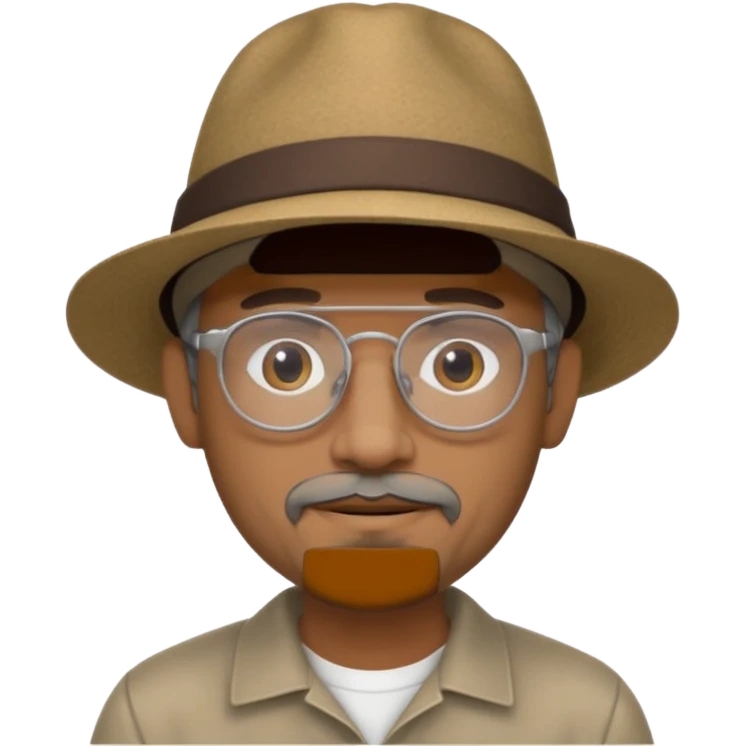 Brown man with wide rimmed hat no hair, but gray goatee, clear glasses and slightly smiling emoji