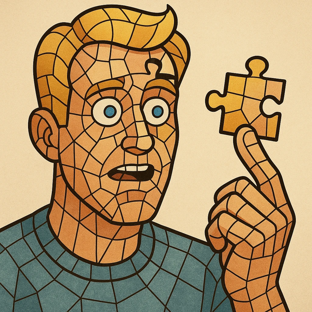 Refine the flat-toon style image of the man's head as a mosaic puzzle, make him blond, remove the mustache, and add his hand holding the puzzle piece emoji