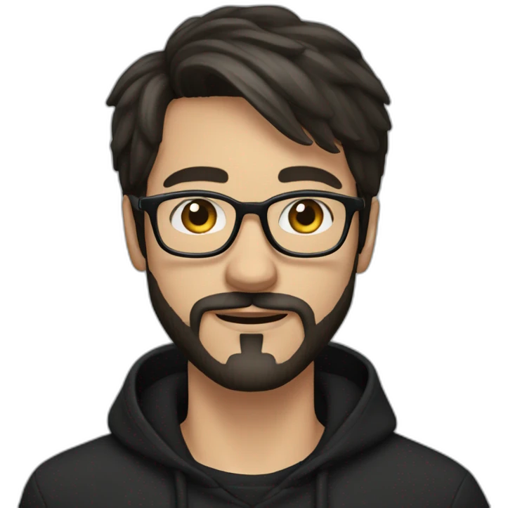 White young man, dark straight hair, moustache and beard, wearing a black hoodie, glasses emoji