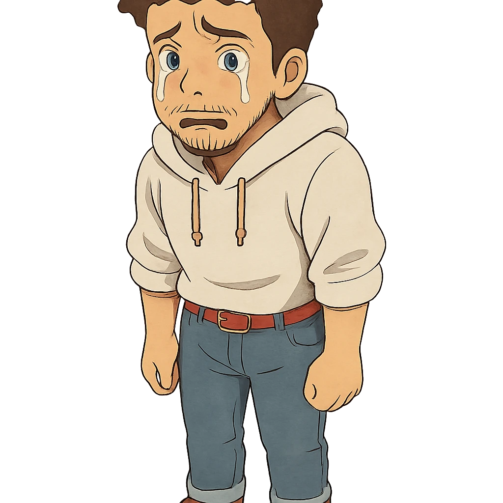 1 male, mid fade haircut dark chestnut brown curly hair, toasted lightskin, white hoodie sleeves up, fashion jeans, red fashion-sneakers shoes, red belt, short trimmed beard and goatee,  style of deku from "my hero academia", FACIAL EXPRESSION IS VERY SAD, TEARS WELLING UP emoji