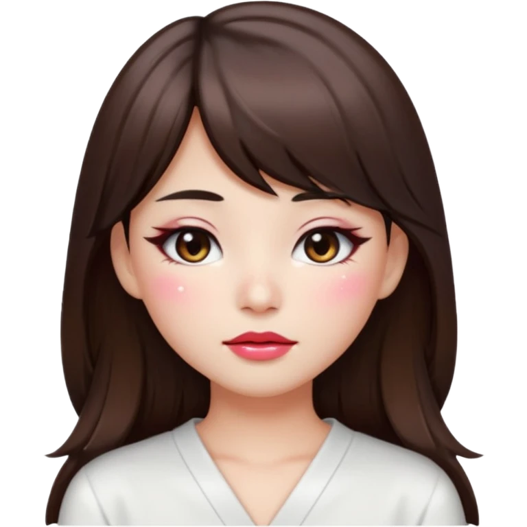 “japanese style Emoji brunette girl long hair with side bangs white top, dewy skin, heavy blush across cheeks and nose bridge, glossy cherry lips, soft eyeliner, teary sparkling eyes emoji