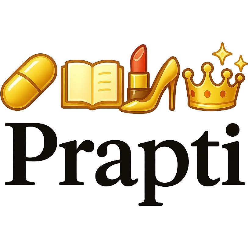 Transform the design into a single elegant emoji featuring gold icons of a pill, book, lipstick, high heel, crown, and sparkles. Include the name 'Prapti' in a refined, classy style. Make the emoji compact, visually balanced, and suitable for emoji use with a polished, vibrant pop colors style. emoji