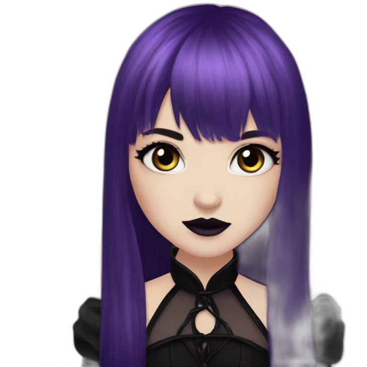 Elissabat-with-bangs-long-hair-dark-plumpurple-and-black-vampire-goth-makeup-pinkeyes-romanticgothcloses- emoji