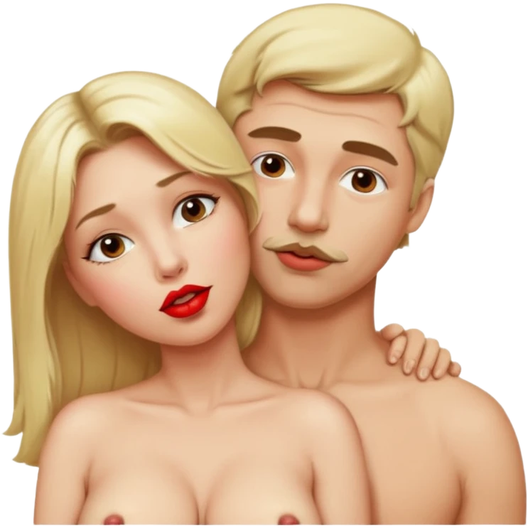 Blond lady.big boobs.red lipstick.naked. man kissing her from behind in her neck emoji