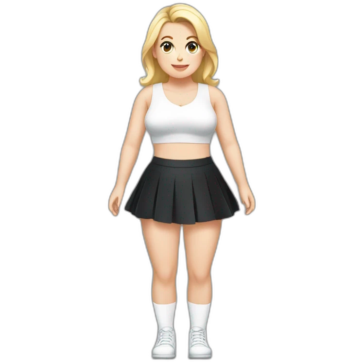 Front view full body curvy caucasian beauty sitting straight hands up black skirt white knickers white socks emoji